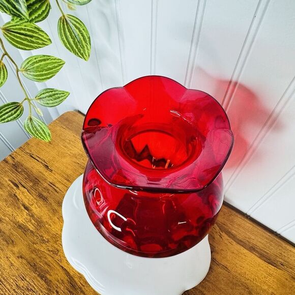Vintage Ruby Red Glass Vase Bowl Ruffled Ribbed Melon Heavy BEAUTIFUL 9.25” - Picture 4 of 11
